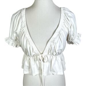 Audrey 3+1 Cream Ruffle Crop Soft Jersey V Neck Tie Closure Blouse / Cardigan L